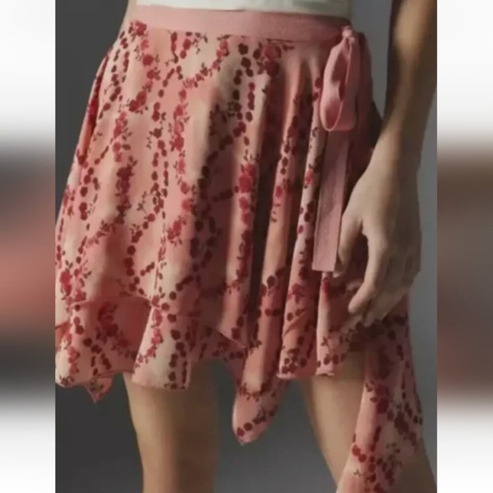 Silence + Noise Emilia Chiffon Wrap Mini Skirt Floral Pink Asymmetrical Size S